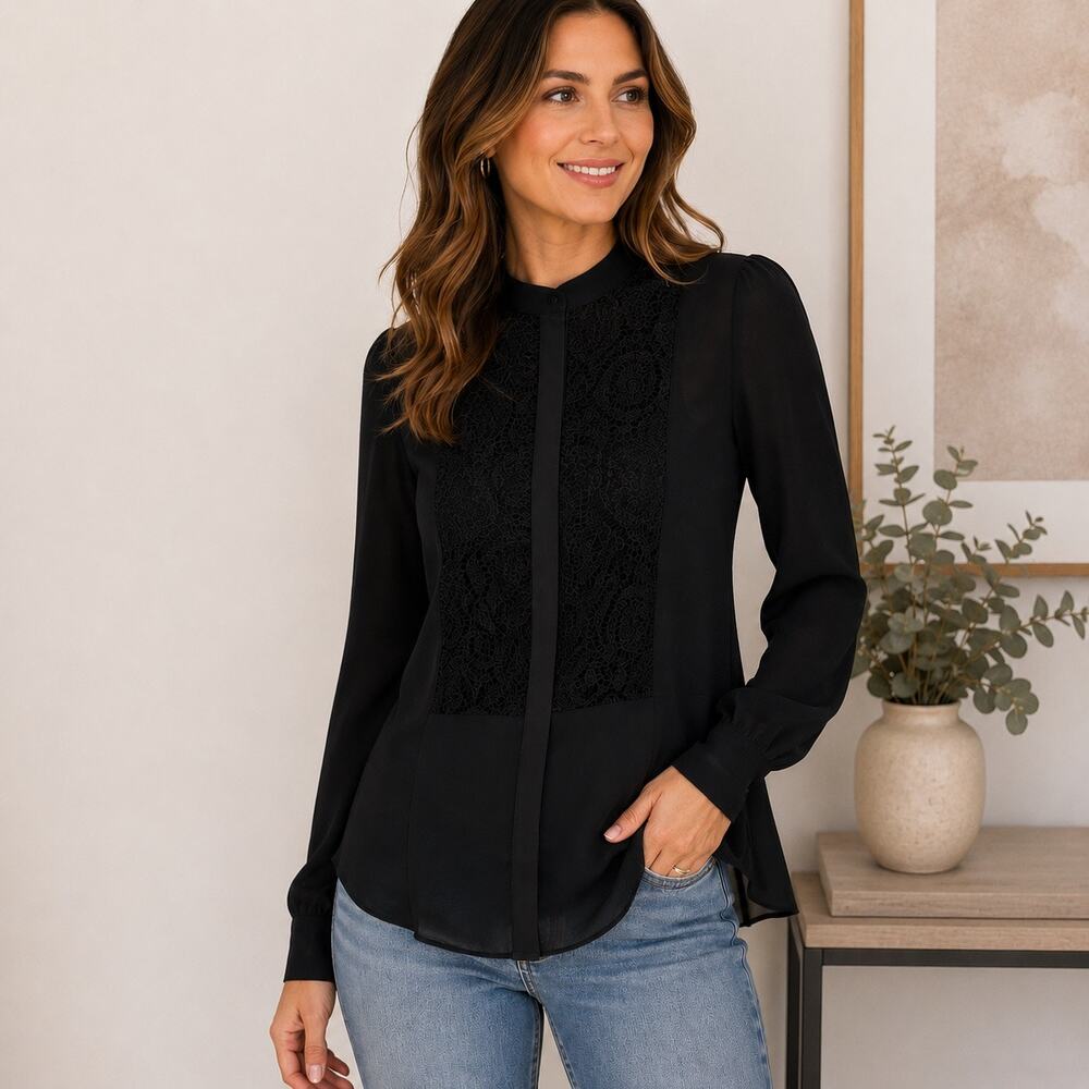 Simply Vera Vera Wang Black Lace Front Sheer Blouse Women's Small Long Sleeve